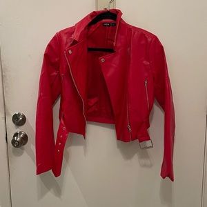 Red faux leather moto jacket
